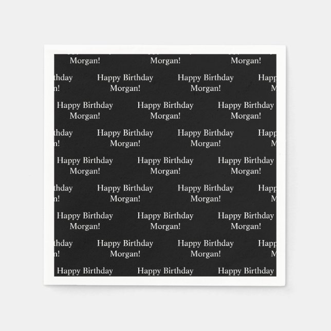 Repeating Happy Birthday & Name | Black & White Napkin (Front)