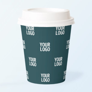 Repeating Image, Design or Logo Dark Blue Green Paper Cups