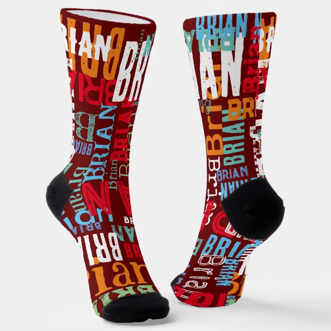 Repeating Name allover Dark Red Socks (Angled)