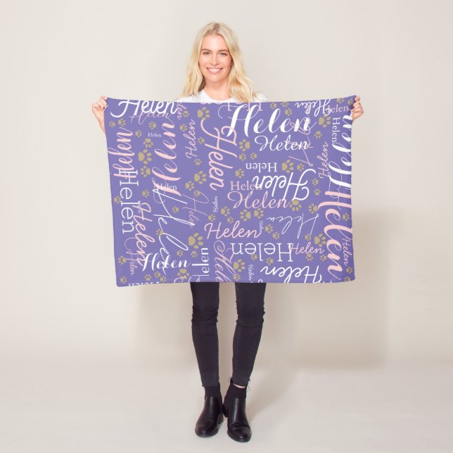 Repeating Name and Dog Paw allover periwinkle  Fleece Blanket (In Situ)