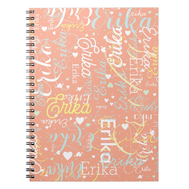 Repeating Name and Hearts Romantic Peach Notebook (Front)