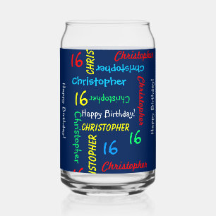 Repeating Name, Blue Any Name Any Birthday Custom Can Glass