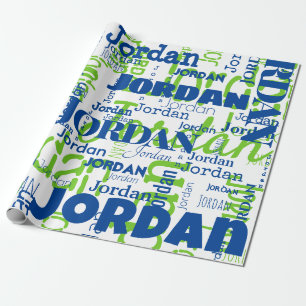 Repeating Name Blue Green Font Pattern Christmas Wrapping Paper
