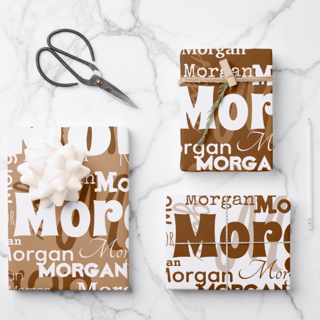 Repeating Name Brown Beige White Modern Neutral Wrapping Paper Sheet (Front)