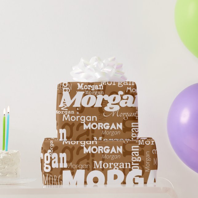 Repeating Name Brown White Neutrals Modern Font Wrapping Paper (Party Gifts)