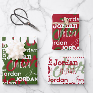 Repeating Name Christmas Red Green White Modern Wrapping Paper Sheet