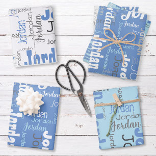 Repeating Name Cornflower Blue White Grey Wrapping Paper Sheet