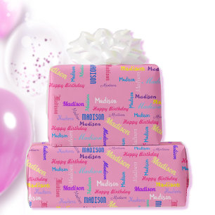 Repeating NAME Happy Birthday Girl's Pink Wrapping Paper