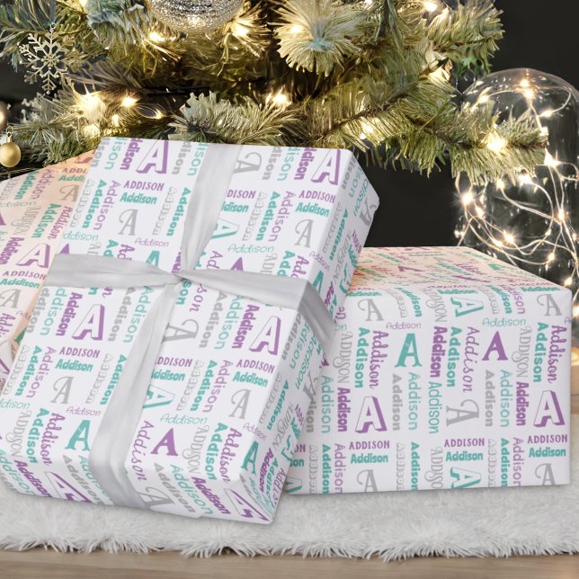 Repeating Name & Initial Grey Purple Teal Gift Wrapping Paper (Creator Uploaded)
