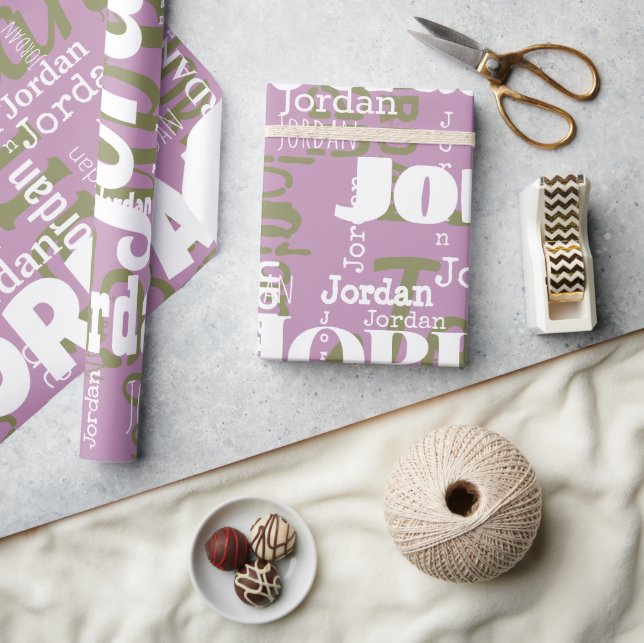 Repeating Name Lilac Green White Modern Neutrals Wrapping Paper (Crafts)