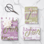 Repeating Name Lilac Sage Green White Modern Wrapping Paper Sheet<br><div class="desc">This unique repeating name pattern lilac, sage green, and white modern neutral personalised wrapping paper features their name or family name in a repeating font pattern with various fonts. Your recipient will love to see their own name graffiti on their gift wrap! This paper is perfect for wrapping bridal shower...</div>