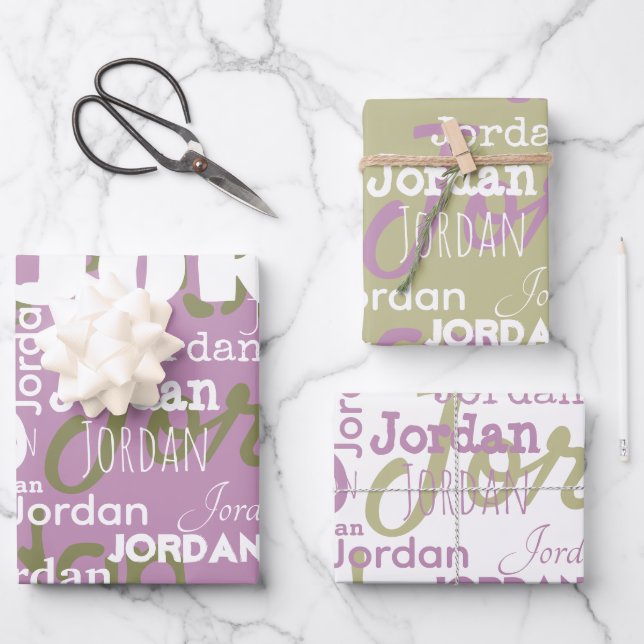 Repeating Name Lilac Sage Green White Modern Wrapping Paper Sheet (Front)