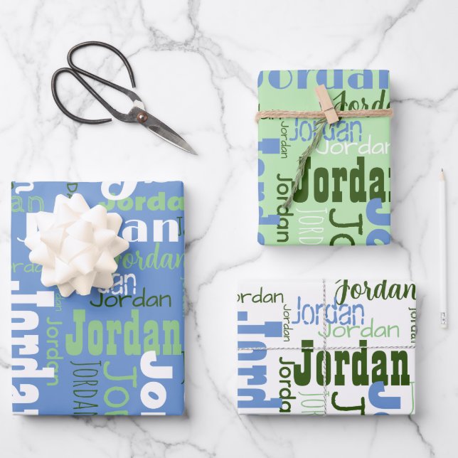 Repeating Name Medium Blue Sage White Wrapping Paper Sheet (Front)