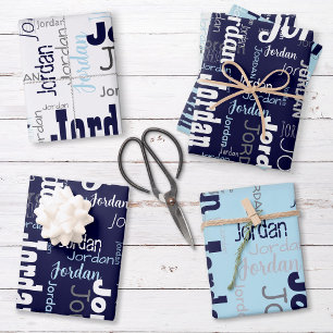 Repeating Name Navy Blue White Gray Wrapping Paper Sheet