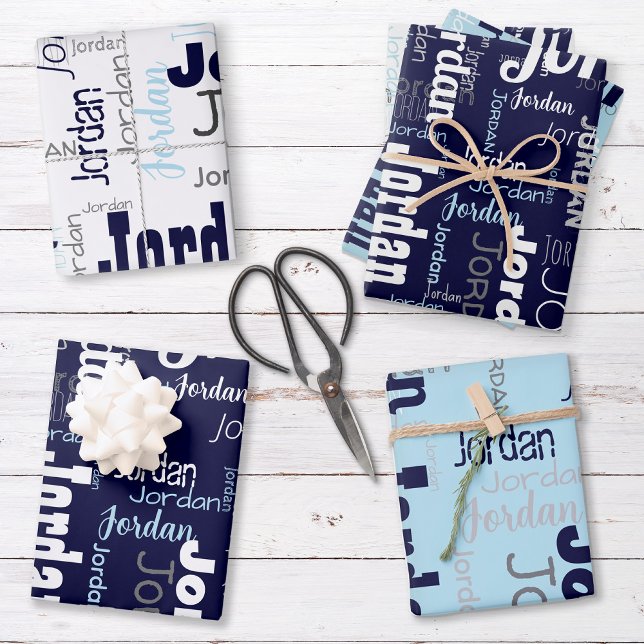 Repeating Name Navy Blue White Grey Wrapping Paper Sheet (Set includes three sheets - one of each color.)