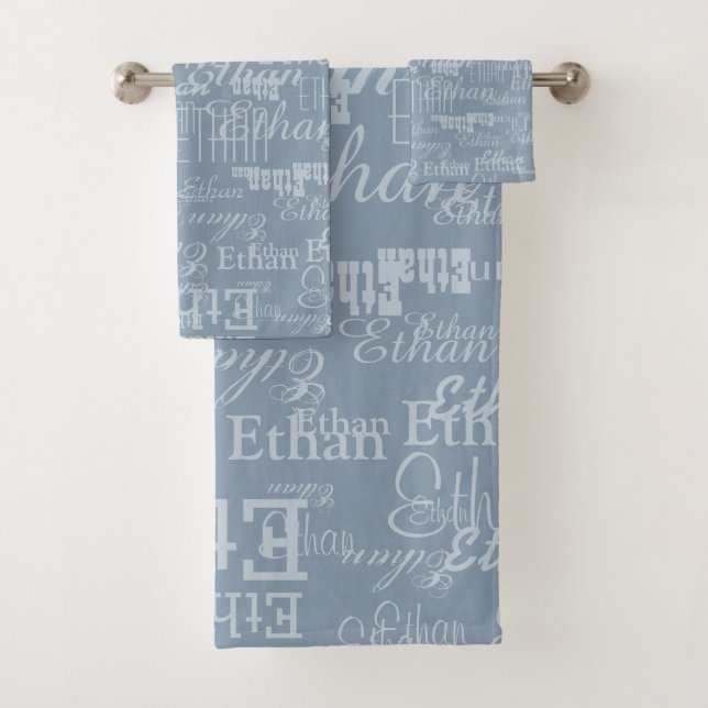 Repeating Name on All-Over-Printed Dusty Blue Bath Towel Set (Insitu)