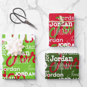 Repeating Name Pattern Red Green White Christmas Wrapping Paper Sheet