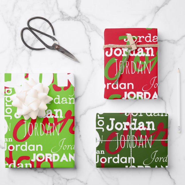 Repeating Name Pattern Red Green White Christmas Wrapping Paper Sheet (Front)