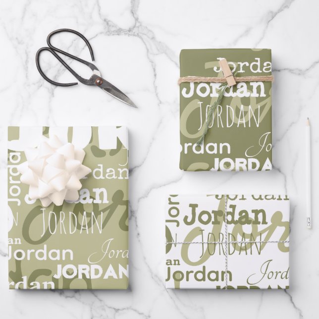 Repeating Name Pattern Sage Green White Modern Wrapping Paper Sheet (Front)