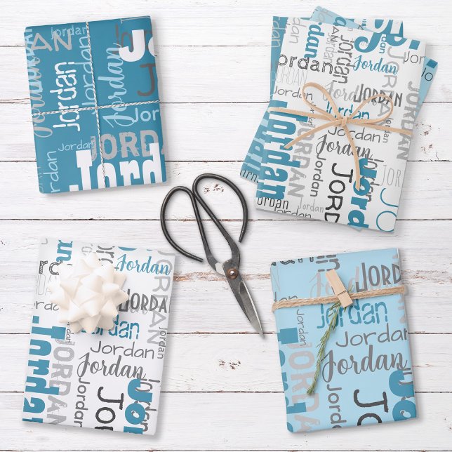 Repeating Name Personalised Blue Med. Length Name Wrapping Paper Sheet (Set includes three sheets - one of each color.)