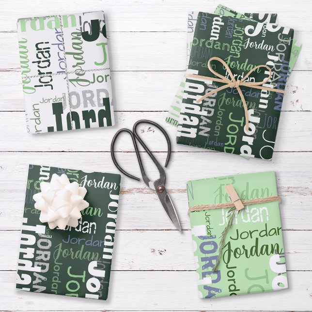 Repeating Name Personalised Green and White Wrapping Paper Sheet (Set includes three sheets - one of each color.)