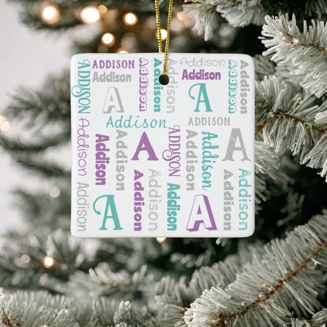 Repeating Name Personalised Grey Purple Teal Ceramic Ornament (Creator Uploaded)