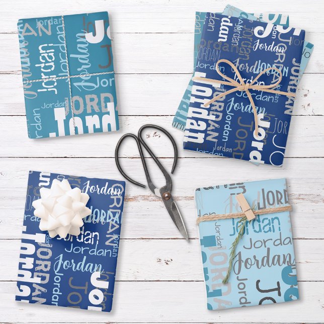 Repeating Name Personalised Shades of Blue Wrapping Paper Sheet (Set includes three sheets - one of each color.)