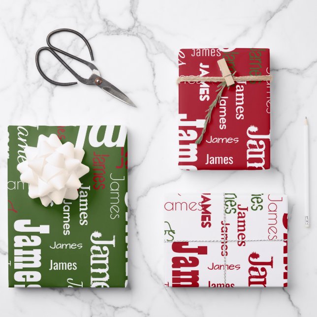 Repeating Name Personalised Three Colour Set Wrapp Wrapping Paper Sheet (Front)