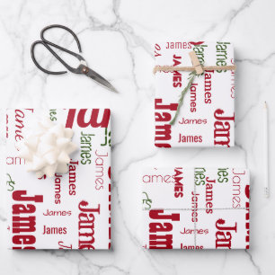Repeating Name Personalised White Red Green Wrapping Paper Sheet