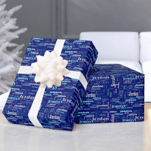  Repeating Name Personalized Blue & Silver Wrapping Paper