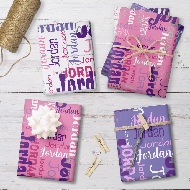 Repeating Name Pink and Purple Birthday Wrapping Paper Sheet (Creator Uploaded)
