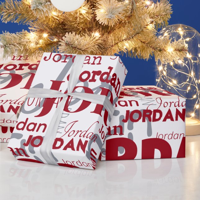 Repeating Name Red Silver White Pattern Christmas Wrapping Paper (Holidays)