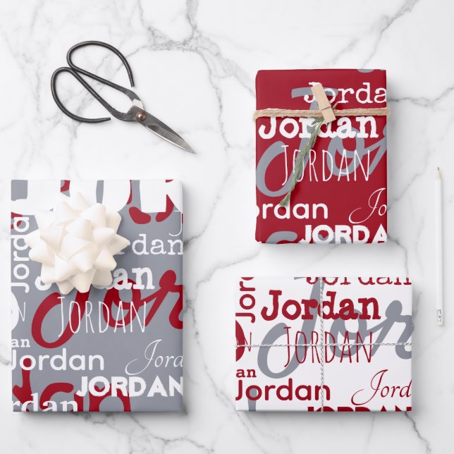Repeating Name Red White Silver Christmas Wrapping Paper Sheet (Front)