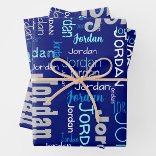  Repeating Name Shades of Blue & Silver Christmas Wrapping Paper Sheet