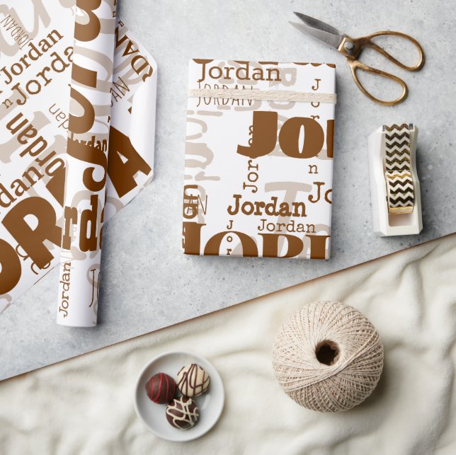 Repeating Name White Brown Modern Neutrals Trendy Wrapping Paper (Crafts)