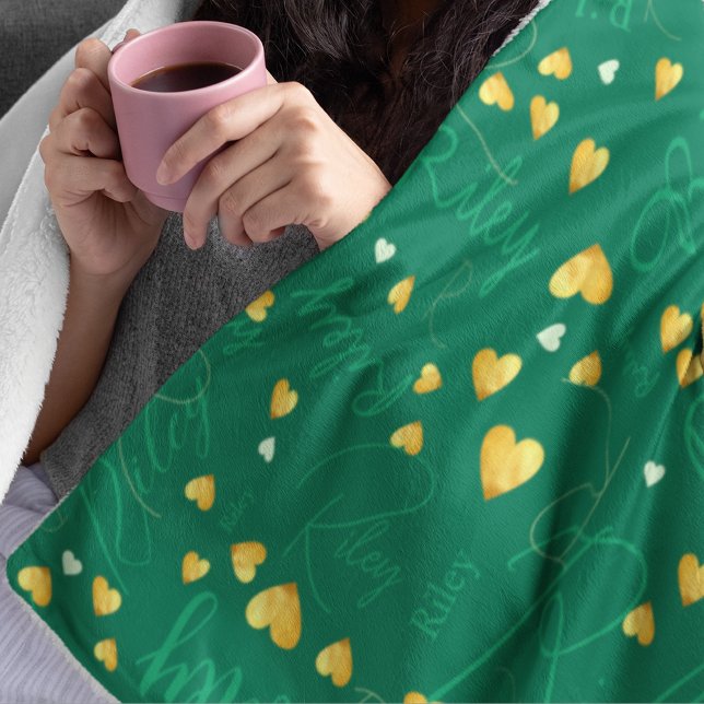 Repeating Name with Gold Hearts dark-emerald-green Fleece Blanket (Creator Uploaded)