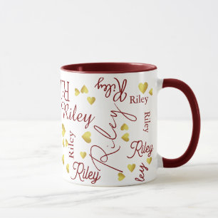 Repeating Name with Gold Hearts maroon Mug
