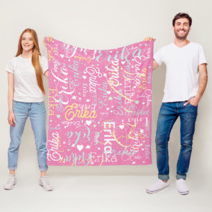 Repeating Names and Hearts Romantic Pink Fleece Blanket