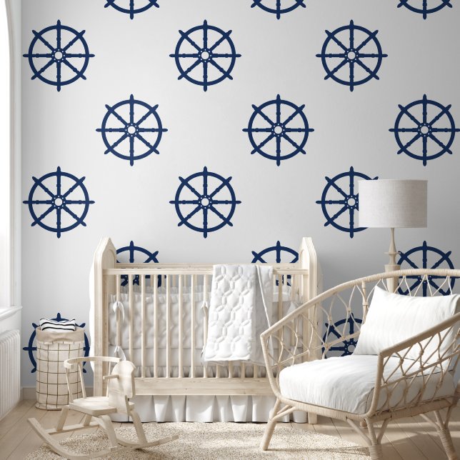 Repeating Nautical Coastal Navy Ship Wheel Helm Wallpaper (Kids)