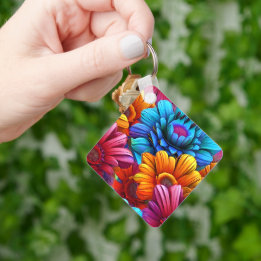 Repeating pattern of 3d colourful flowers key ring
