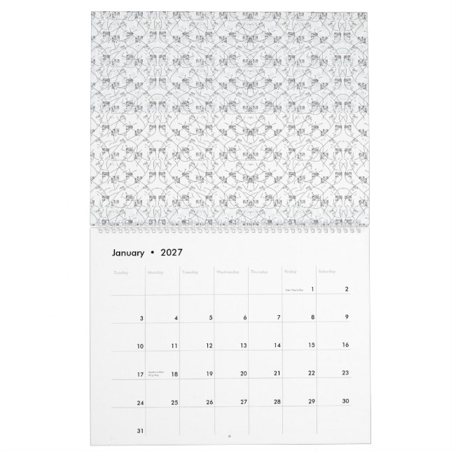 Repeating pattern of small, stylised shapes on a w calendar (Jan 2027)