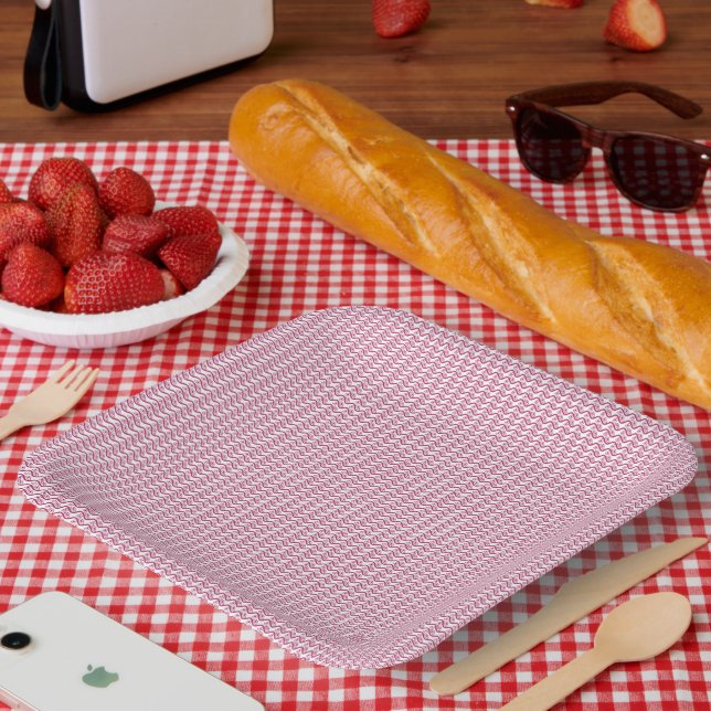 Repeating pattern of small, wavy, reddish-pink lin paper plate (Picnic)