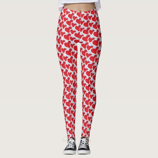 Repeating Pattern with 2 Red Paper Hearts Leggings (Front)