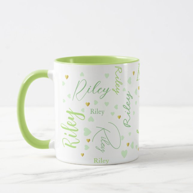 Repeating Riley (custom name) + green hearts  Mug (Left)