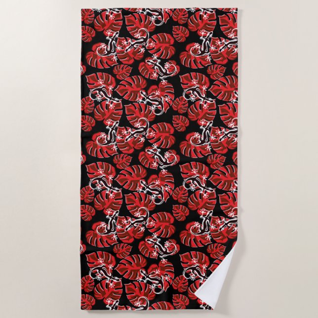 Repeating Salamander And Red Leaf Pattern Beach Towel (Front)