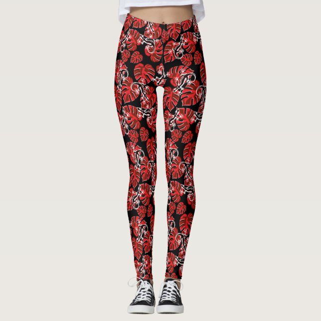 Repeating Salamander And Red Leaf Pattern Leggings (Front)
