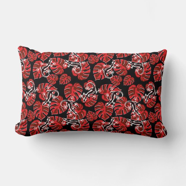Repeating Salamander And Red Leaf Pattern Lumbar Cushion (Front)
