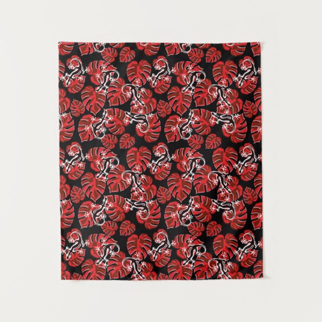 Repeating Salamander And Red Leaf Pattern Tapestry (Front)