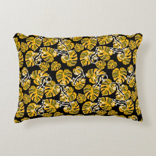 Repeating Salamander And Yellow Leaf Pattern Decorative Cushion (Front)