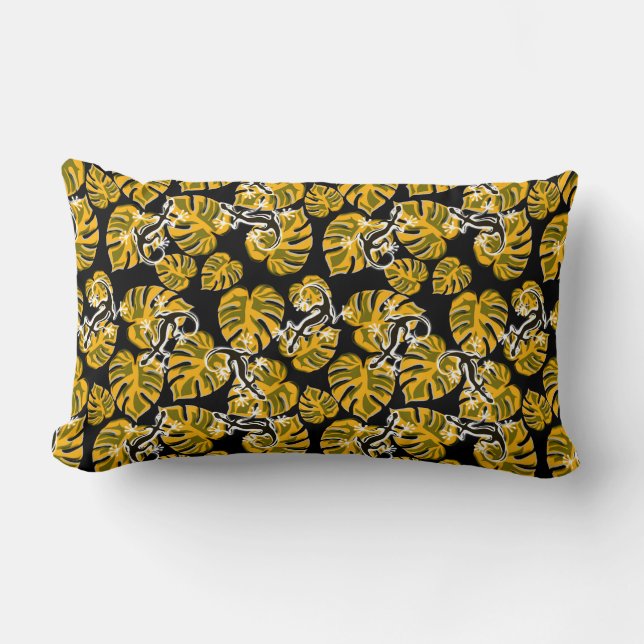 Repeating Salamander And Yellow Leaf Pattern Lumbar Cushion (Front)